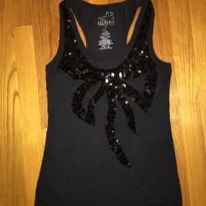 Black unique sequin ribbon print tank MaxAzria L